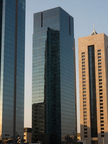 A sharp, high-contrast architectural crop of modern glass and concrete towers in the Riyadh financial district, casting deep geometric shadows under a warm golden-hour sun.