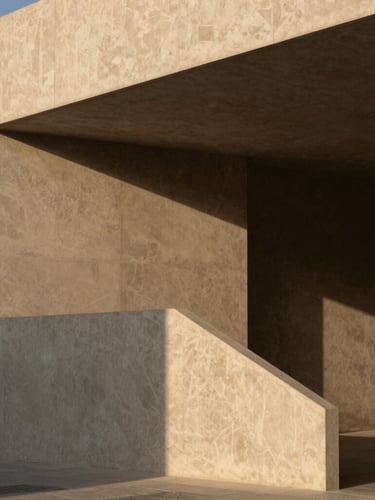 High-contrast architectural shadows on modern concrete geometry in Riyadh financial district, sharp lines, warm golden-hour light