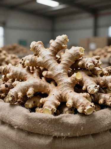 A high-contrast close-up of dried ginger rhizomes stacked in burlap sacks inside a clean, well-lit concrete warehouse, harsh light highlighting textures.