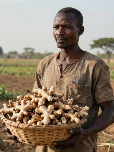 A West African farmer standing in a sun-drenched field holding a basket of dried ginger rhizomes, looking off-camera, realistic lighting.
