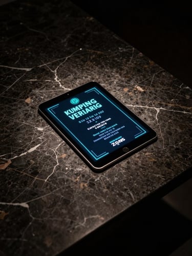Wide overhead shot of a dark marble surface with a single tablet displaying a glowing turquoise-accented digital event invitation, dramatic studio lighting casting a narrow halo around the device, deep black negative space surrounding it, no people visible