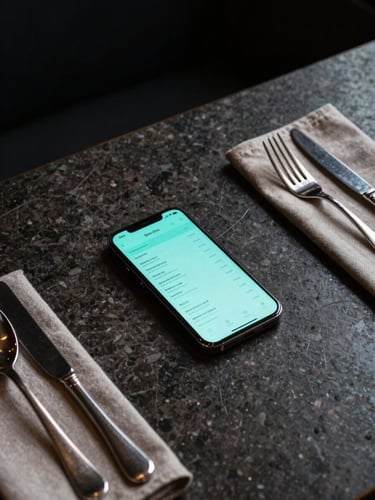 Overhead wide composition of a modern fine-dining table setting, a smartphone face-up displaying a glowing turquoise-accented digital menu interface on its screen, dark polished stone table surface reflecting subtle luminescence, single dramatic directional studio light from upper left casting long shadows across linen and silverware, no diners visible, deep black background