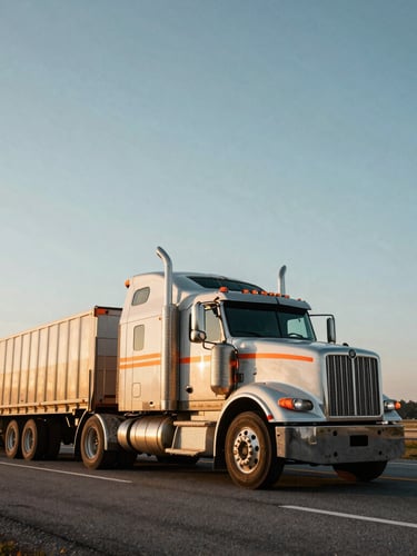Low-angle heroic shot of a heavy-haul flatbed truck on a South Carolina highway at sunrise, metallic textures gleaming, wide-angle framing.