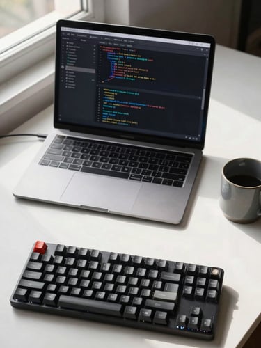 Close overhead shot of a clean desk workspace — mechanical keyboard at lower frame, open code editor on a matte laptop screen, a single ceramic mug to the right, natural window light from the left casting soft shadows, no clutter, Spain morning light