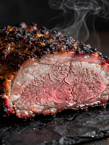 Extreme close-up of a thick slice of smoked brisket on black butcher paper, showing a prominent pink smoke ring, glistening moisture, and a dark textured bark, dramatic low-key lighting.