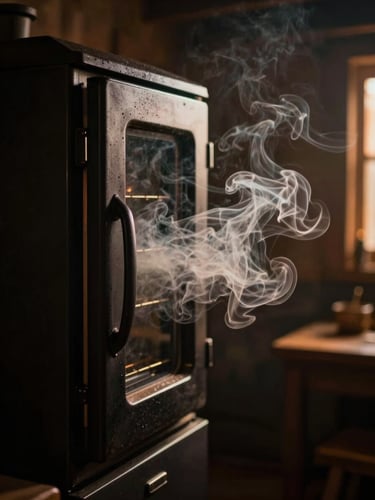 Dramatic close-up of a seasoned black offset smoker door slightly open, thick white oak smoke escaping into a dark, moody rustic room, warm amber side-lighting.