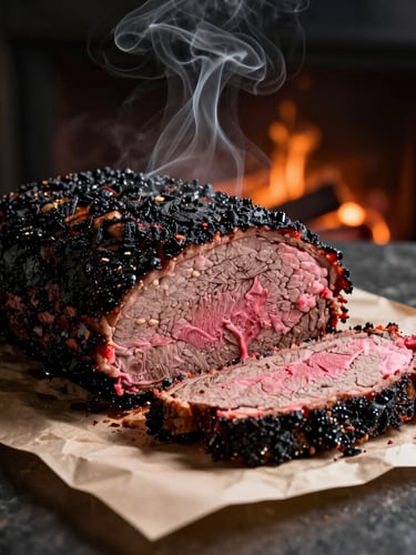 Moody editorial food photography of a slow-smoked Texas brisket with a thick black bark and deep pink smoke ring, sliced on butcher paper, dramatic side-lighting, warm embers glowing in the background.