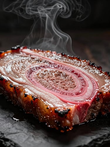 Extreme close-up of glistening smoked brisket showing a prominent pink smoke ring on black butcher paper, dramatic side-lighting, smoke haze, 50mm lens.