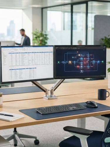 Clean modern UK office desk, dual monitors displaying structured database tables and automated workflow diagrams, bright natural daylight, 35mm
