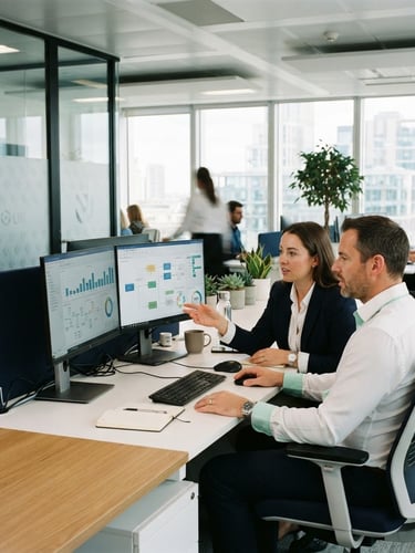 Modern UK corporate office interior with clean glass partitions, professional consultants reviewing operational workflows on dual monitors, bright natural daylight, crisp navy and mint accents, 35mm photography