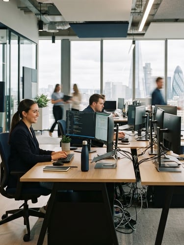 Professional UK office environment, clean modern desks with dual monitors, bright natural daylight, crisp navy accents, 35mm