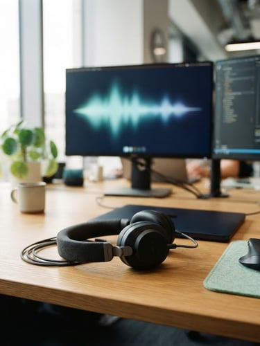 A professional UK workspace with a close-up of a high-quality headset resting on a clean oak desk, soft audio waveform visualization glowing on a dual monitor in the background, natural morning light.