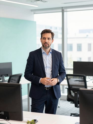 Approachable UK technology consultant discussing workflows in a bright, modern London office, natural daylight, 35mm