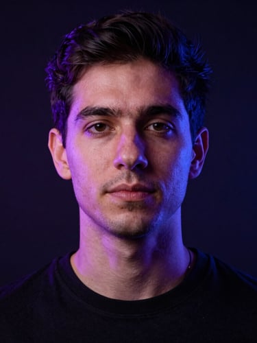 Professional close-up portrait of Matías, a tech developer, in a dark studio setting with subtle violet and blue backlighting, sharp focus, 35mm lens.