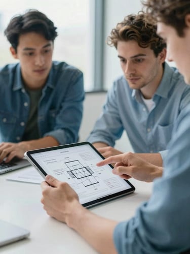 A collaborative workspace with two developers discussing architectural diagrams on a tablet, bright natural daylight, cool blue tones, sharp focus, 35mm lens