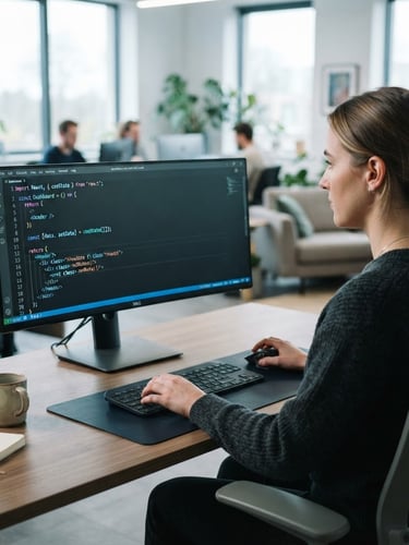Over-the-shoulder view of a developer analyzing clean React code on a modern monitor, soft cool daylight, sharp focus, 35mm lens