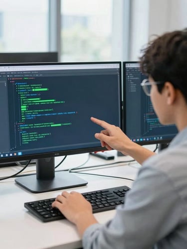 Over-the-shoulder view of a developer guiding a student through a React component on a monitor, bright daylight, modern office