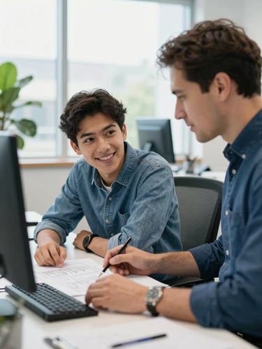 A student developer smiling while collaborating over a wireframe sketch with a mentor, bright daylight, authentic technical setting.