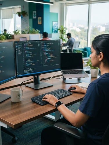 Over-the-shoulder view of a developer writing clean React code on a dual-monitor setup in a bright, modern Andhra Pradesh office, natural daylight, cool blue tones with green accents