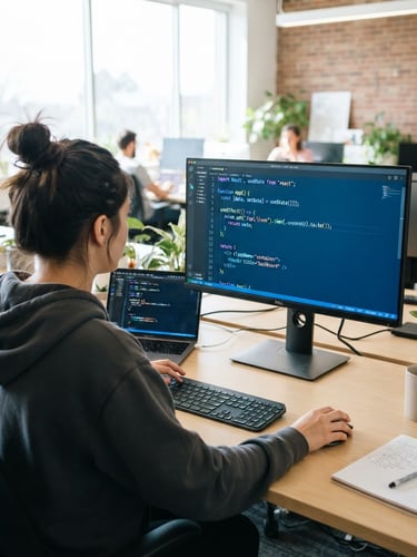 Over-the-shoulder view of a student developer monitor displaying clean React code, soft cool screen glow, bright natural daylight in a modern workspace.