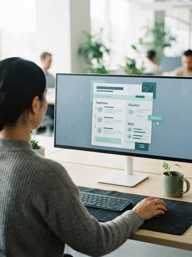 Over-the-shoulder view of a clean workspace with a monitor displaying an elegant, minimalist resume builder interface, cool blue tones with green accents, sharp focus.