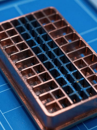 Macro photography of a copper micro-channel heat exchanger, cool blue cleanroom lighting, high contrast, technical blueprint detailing