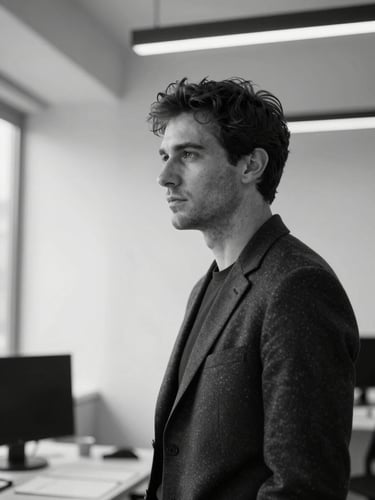 Unposed black and white portrait of Andrea Santoni in a modern minimalist office, looking thoughtful, sharp natural side-light, high contrast, clean architectural lines in the background.