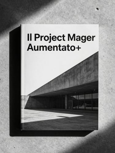 A high-contrast black and white photograph of a minimalist book cover titled 'Il Project Manager Aumentato+' resting on a clean concrete surface, architectural shadows casting across the scene.