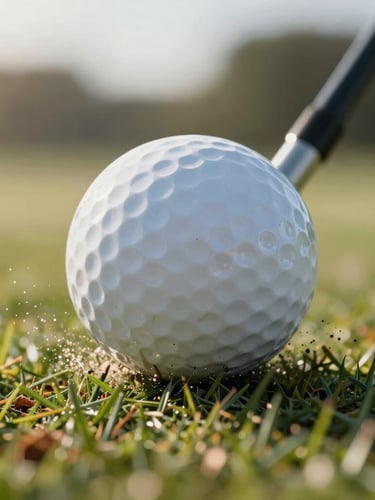 Close-up of golf ball compression at impact, turf exploding, razor-sharp focus, dramatic early morning sun