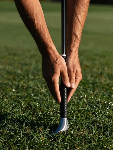 Tight, high-contrast dynamic crop of a golfer's hands on a leather grip, early morning dramatic side-light, dew visible on the grass background, sharp athletic focus.