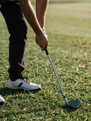 Tight dynamic crop of hands gripping a golf club with high-contrast morning light, dew-covered grass in background