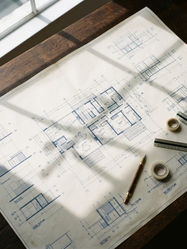 A top-down view of architectural blueprints laid out on a dark wooden table, natural sunlight casting soft window pane shadows across the paper, 35mm crisp editorial.