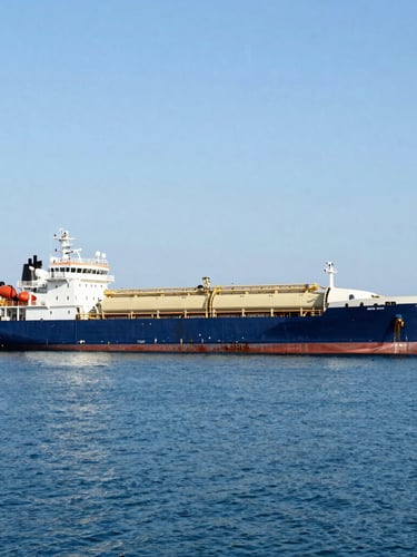 A commercial fuel transport vessel docked at a concrete harbor during bright daylight, deep blue water, clean industrial lines, 35mm crisp editorial photography