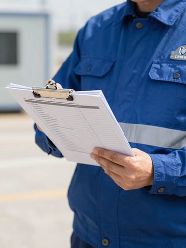 Close-up of a safety inspector in a deep blue uniform reviewing compliance checklists on a clipboard, bright natural daylight, industrial terminal background, crisp 35mm editorial photography