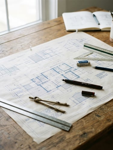 Crisp editorial photography of architectural drafts on a wooden drafting table, bright natural daylight, technical drawing tools, sophisticated blue and parchment tones, sharp focus, 35mm