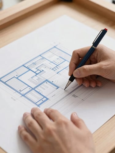 A close-up of a designer's hands adjusting a technical architectural drawing on a wooden drafting table, warm natural light casting soft shadows.