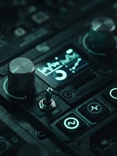 Macro shot of physical hardware interface with sharp neon-mint ambient screen glow, dark technical obsidian background, high contrast