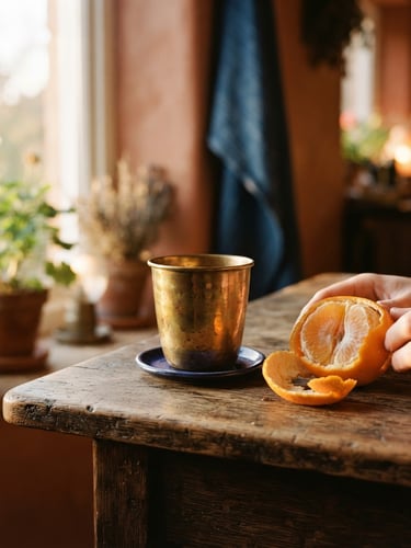 Warm editorial photography of a hand-burnished brass cup resting on a rustic wooden table next to a half-peeled orange, golden-hour window light, soft shadows, rich terracotta tones, shallow depth of field, 35mm