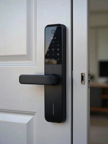 Straight-on architectural shot of a modern apartment door with a newly installed smart-lock interface, bright daylight reflecting off clean metal surfaces.