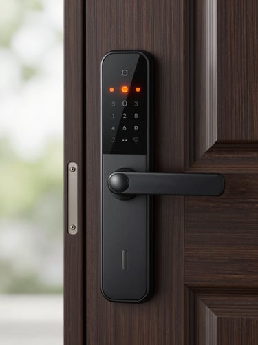 Tight macro shot of a sleek smart-lock interface on a modern dark wood door, safety-orange indicator light glowing, clean architectural framing, bright natural daylight.