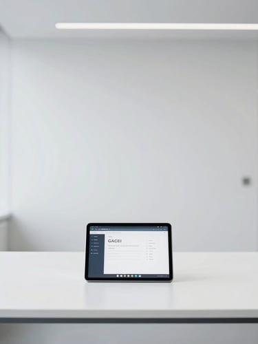 Minimalist corporate workspace, bright daylight, clean architectural lines, a tablet displaying a clean digital interface on a white desk, sharp focus