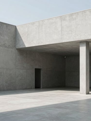 Wide architectural shot of a minimalist concrete office space, sharp lines, bright natural daylight, cool desaturated tones, 35mm
