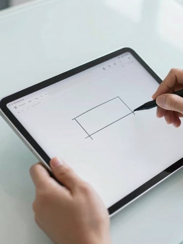 Close-up of clean digital interfaces on a tablet, hands sketching a simple diagram on a structured whiteboard, daylight, sharp focus