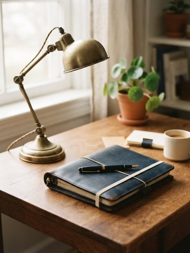 An organized, sunlit desk with a brass lamp, a closed leather planner, and a fountain pen, soft window light, 35mm film look.
