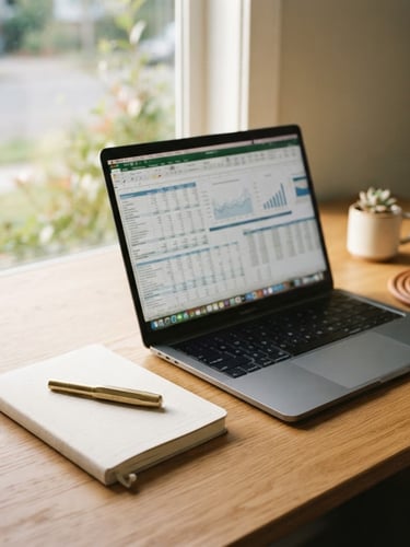 Meticulously organized modern desk with a sleek laptop displaying clean financial spreadsheets, a brass pen resting on a linen notebook, soft natural window light casting gentle shadows, warm cream and deep navy tones, shallow depth of field, 35mm film look.