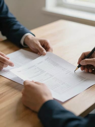Close-up of hands reviewing printed financial statements on a clean wooden table, soft side light, shallow depth of field, warm tones.