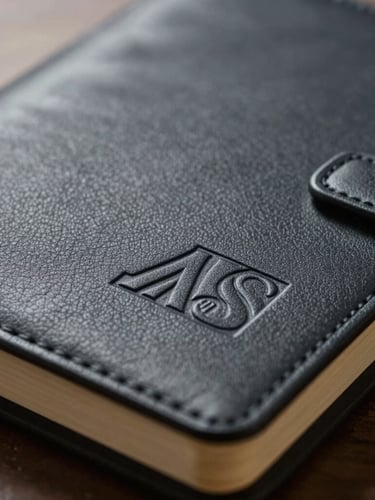 Macro close-up of premium leather debossing on a dark charcoal corporate notebook, soft warm studio lighting highlighting the texture.