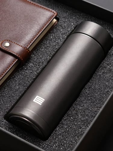 Macro close-up of a custom-cut dark foam insert inside a corporate box, holding a sleek matte thermos and a leather-bound journal, dramatic side lighting highlighting the textures.