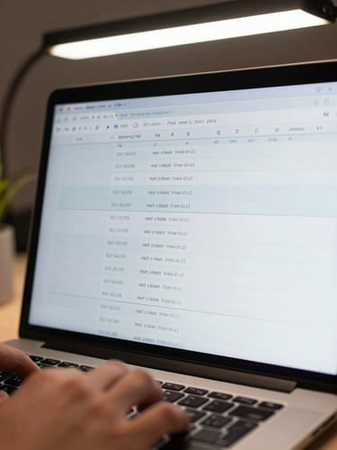 Close detail of a laptop screen showing a scheduled email sequence timeline, rows of automated messages with send-time stamps visible, cool overhead light, hands resting near the keyboard partially in frame, environmental workspace context, no faces