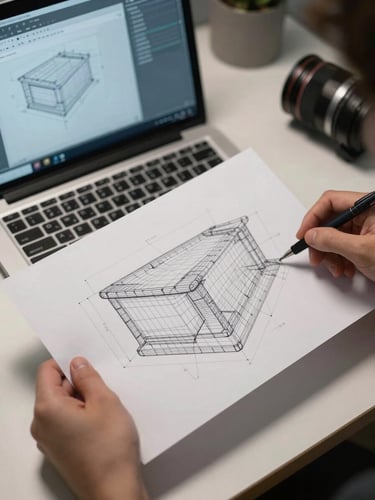 Close overhead view of hands holding a printed wireframe over a desk, a laptop screen visible in the background showing a site layout in review, cool overhead office light, tight crop on the hands and paper, no faces